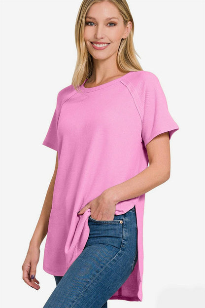 Zenana Slit Round Neck Short Sleeve Waffle Top.