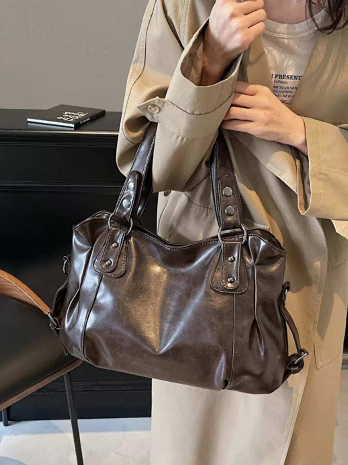 Vintage Style PU Leather Handbag Large Tote With Shoulder Straps Simply Love