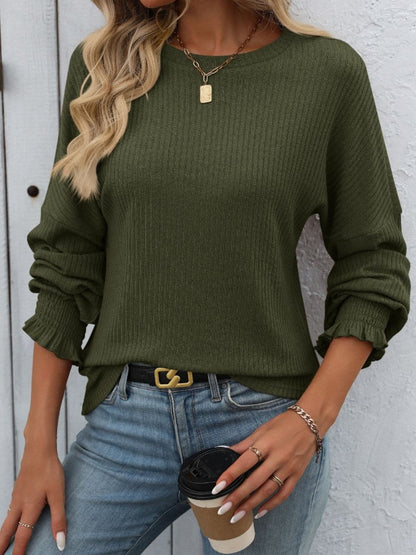 Ribbed Round Neck Long Sleeve T-Shirt.