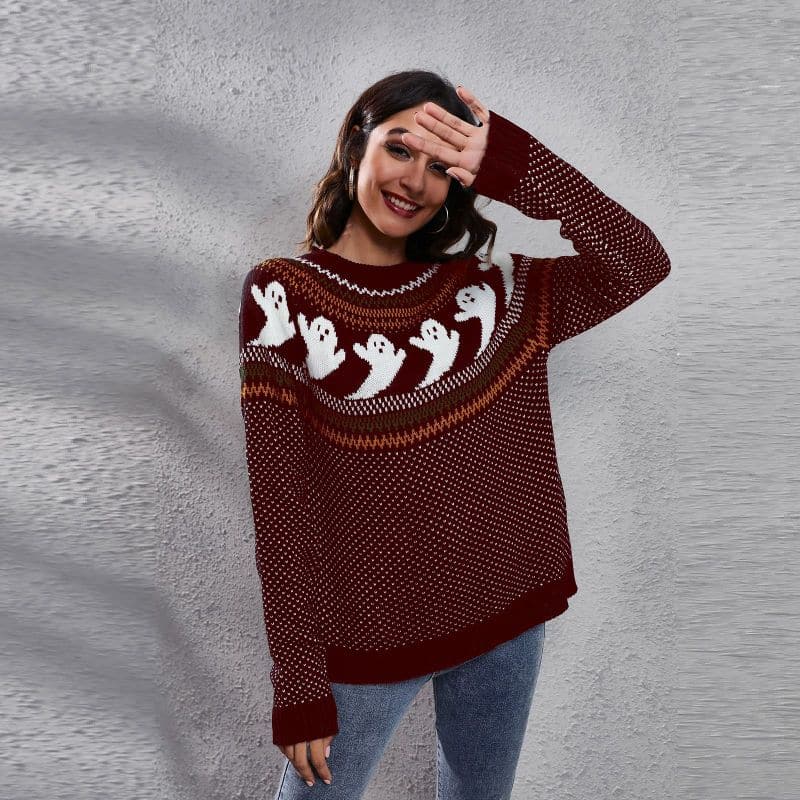 Women's Halloween Ghost retro wave point long sleeve knitted sweater.