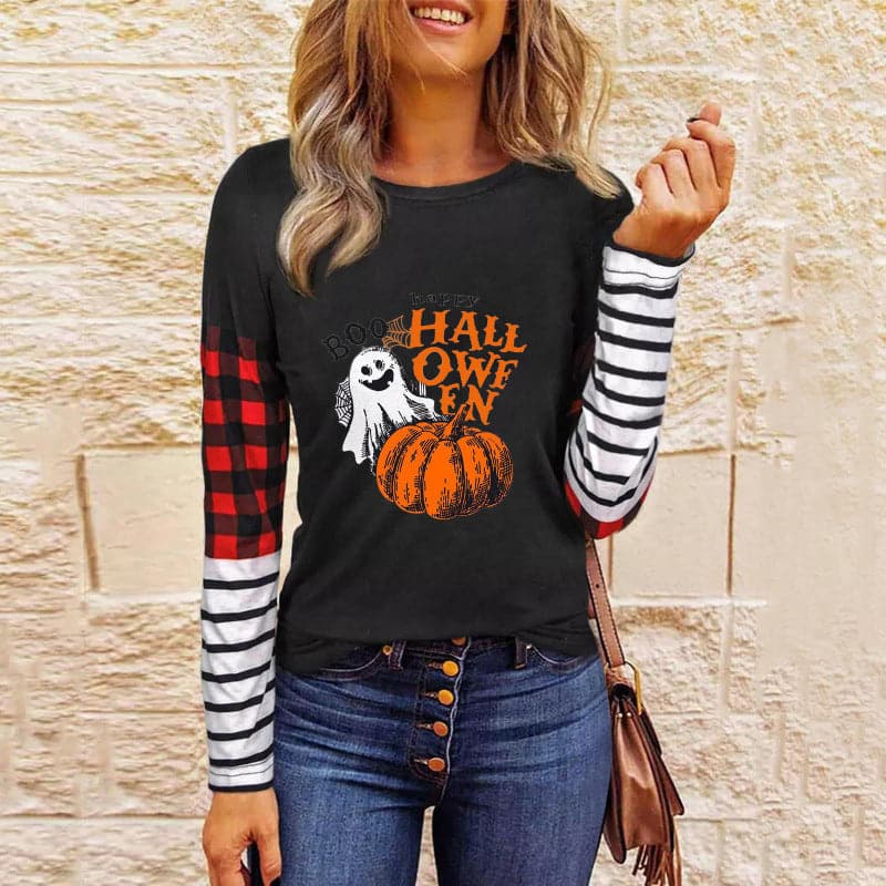 Spook-tacular women's patchwork knit top for Halloween fun