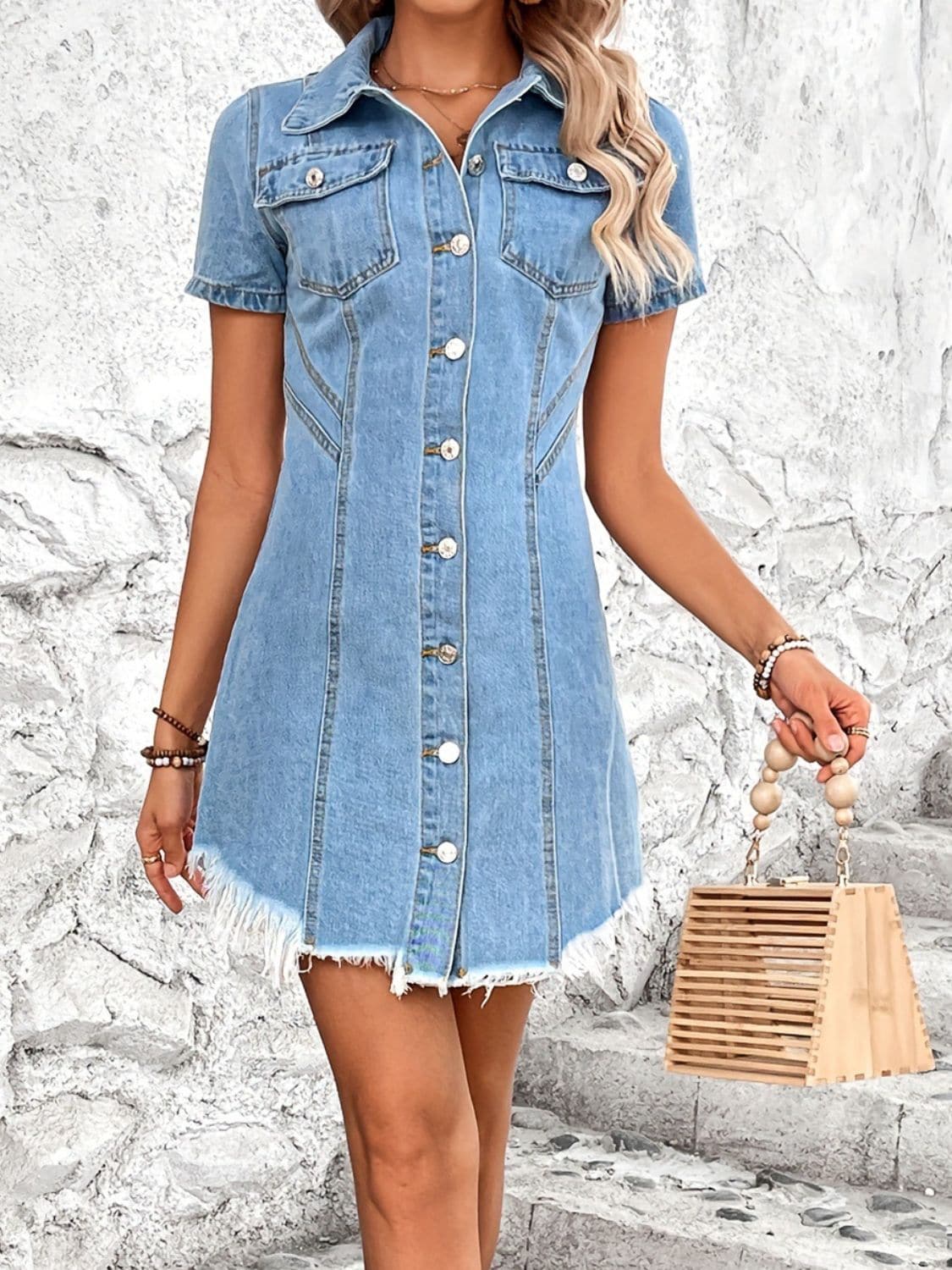 Raw Hem Button Up Short Sleeve Denim Dress.