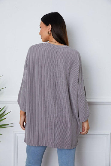 Notched Roll-Tab Sleeve Blouse.