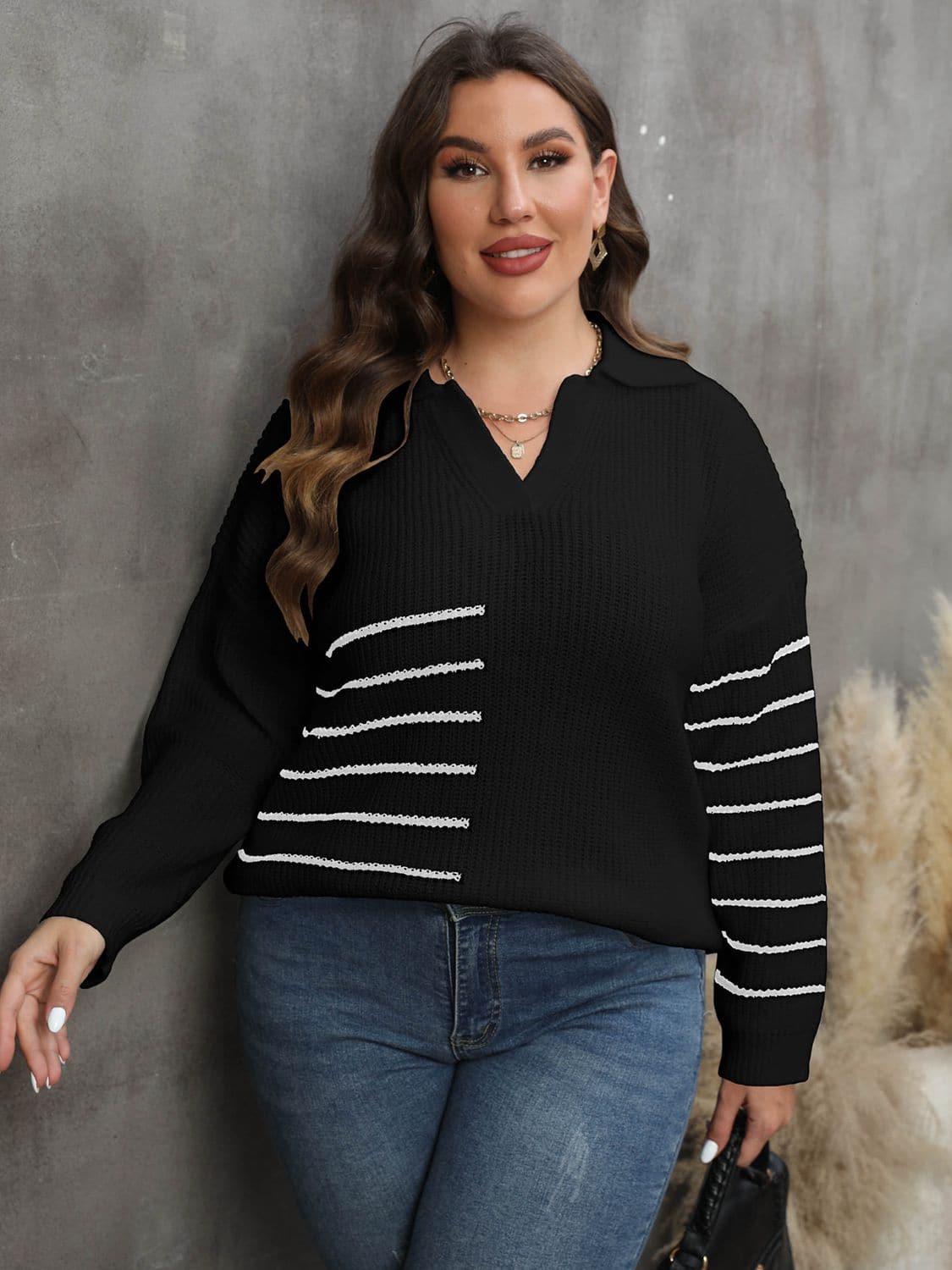 Plus Size Striped V-Neck Sweater.