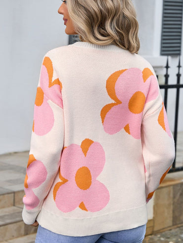 Floral print round neck long sleeve pullover sweater