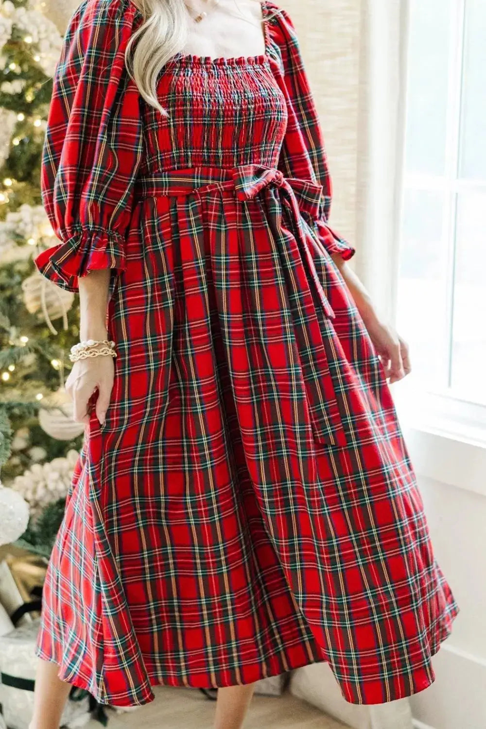 Red Plaid Smocked Midi Dress With Belted Waist And Ruffled Flounce Sleeves Simply Love