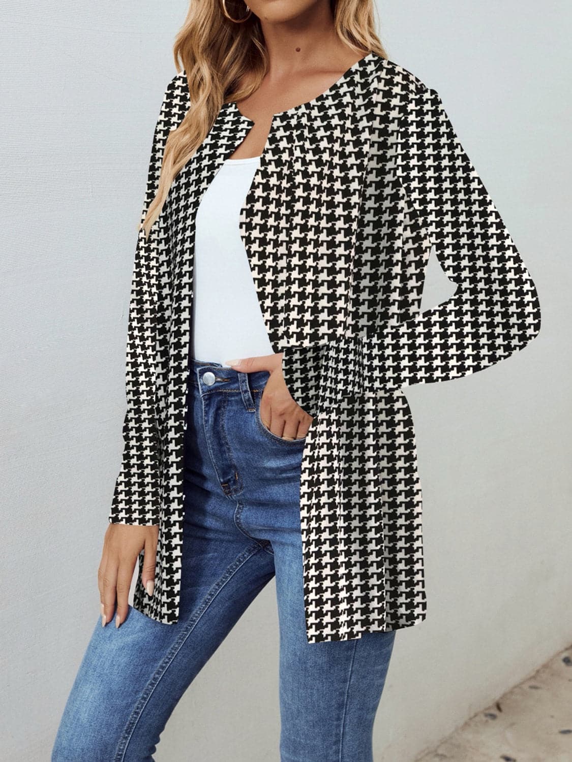 Chic houndstooth open front jacket