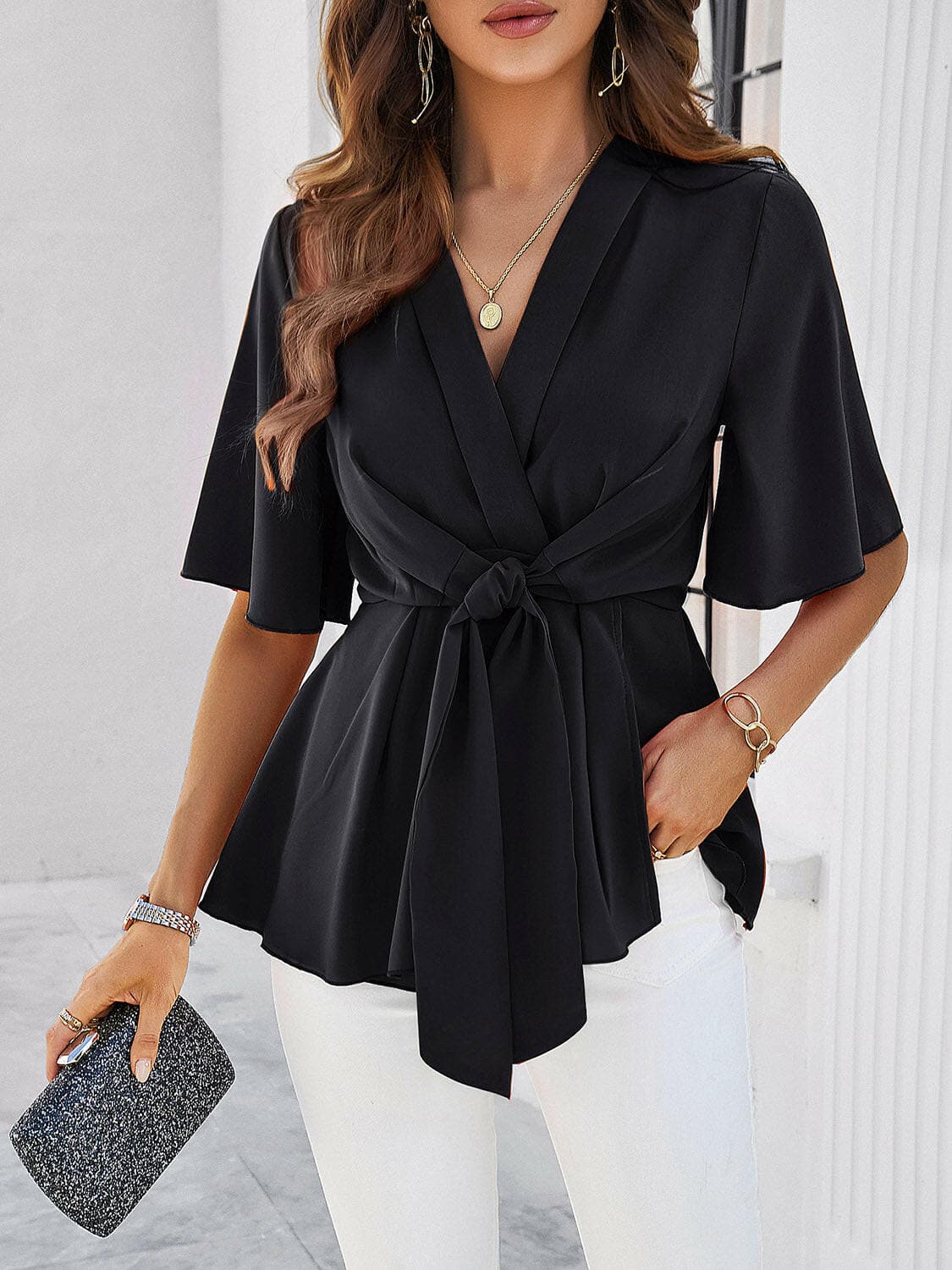 Surplice Tie Waist Half Sleeve Blouse.