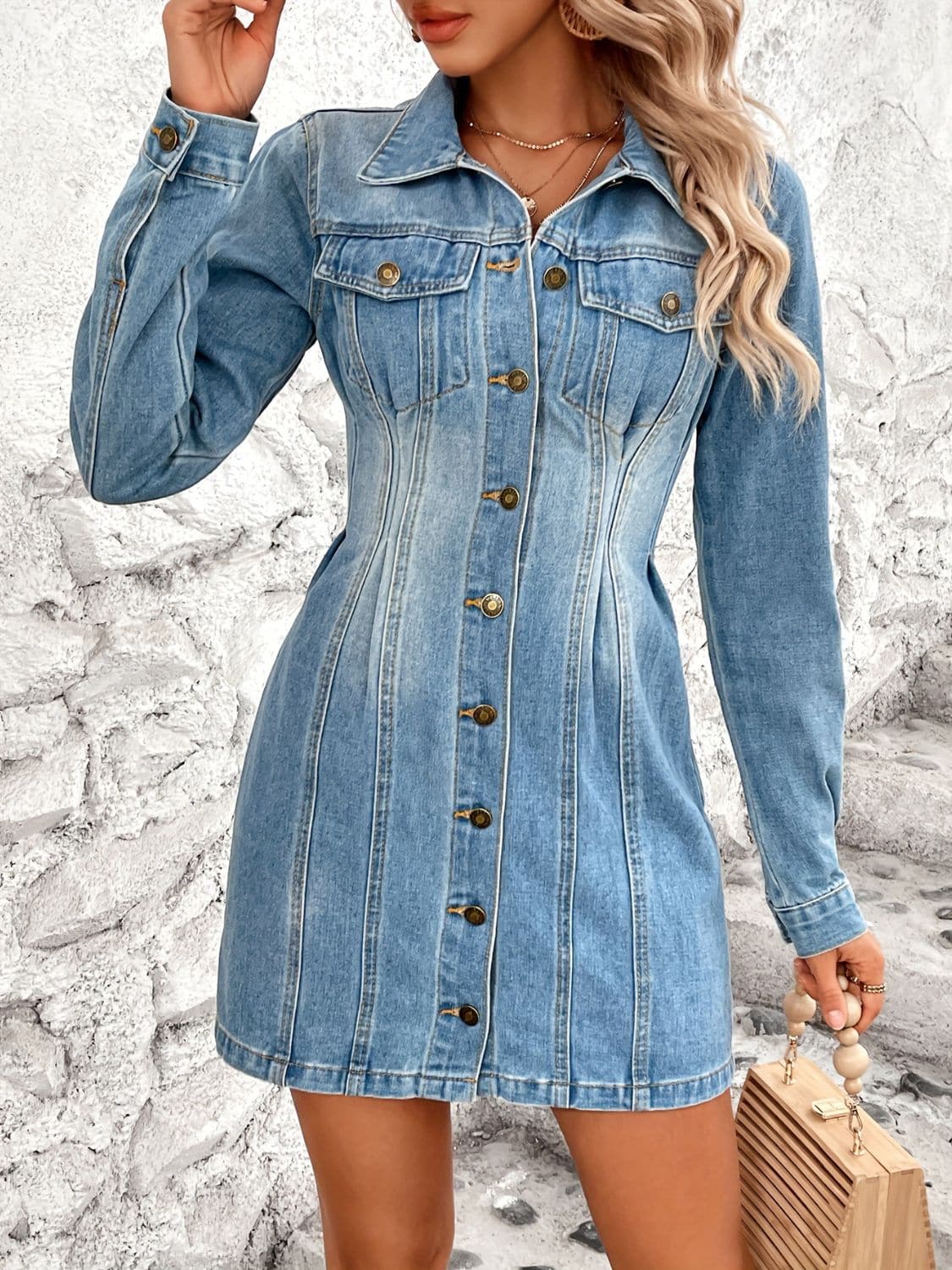 Pocketed Button Up Long Sleeve Denim Dress.