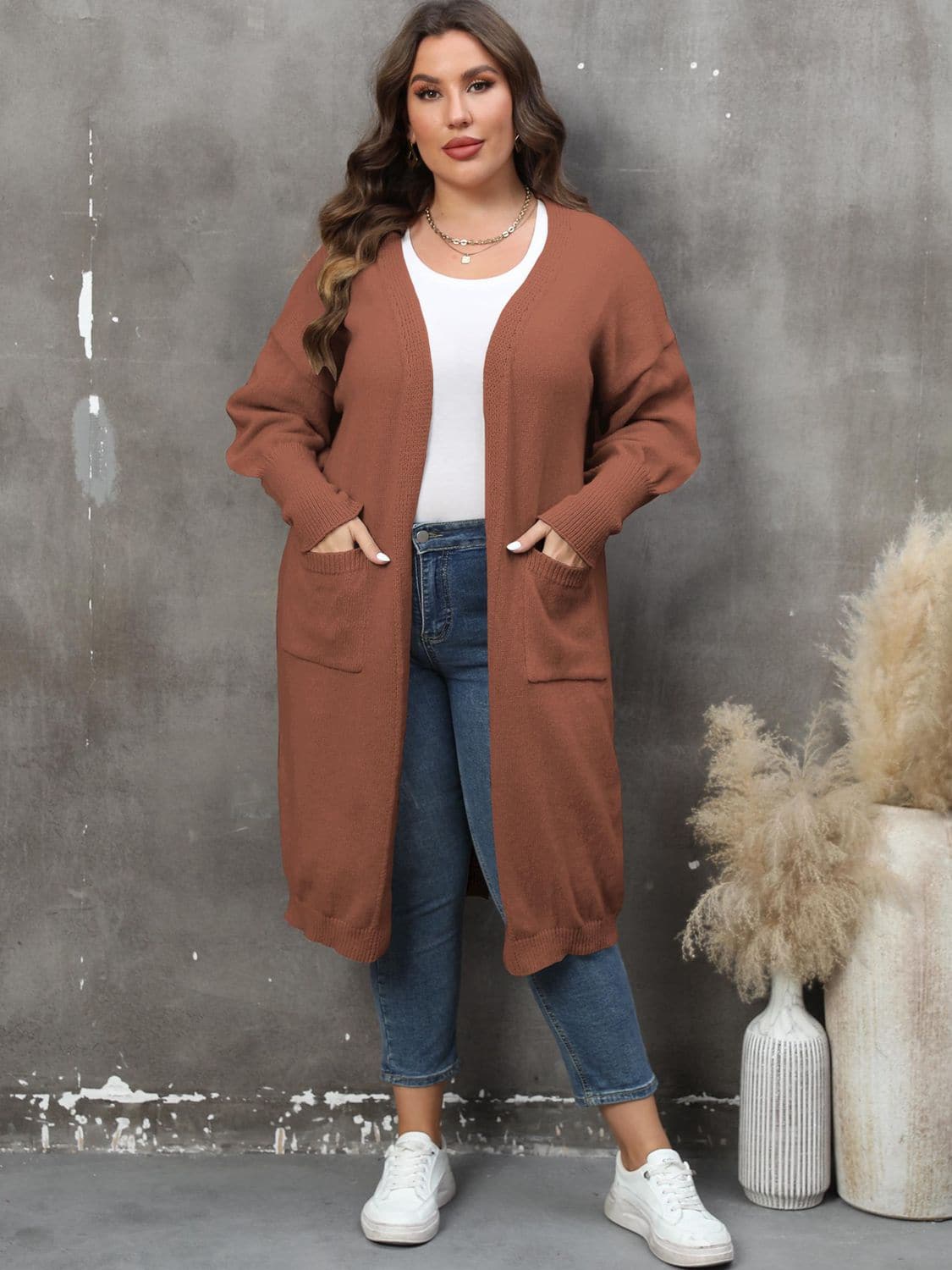 Plus Size Long Sleeve Pocketed Cardigan.