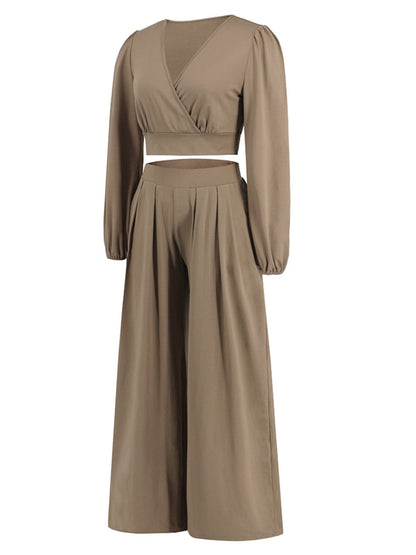 Surplice Top and Wide Leg Pants Set.