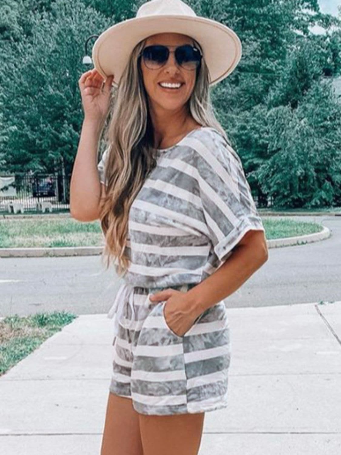 Striped Round Neck Top and Shorts Set.