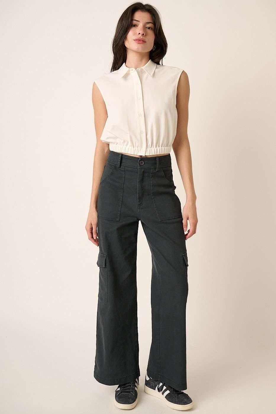 High Waist Cargo Pocket Wide Leg Trousers