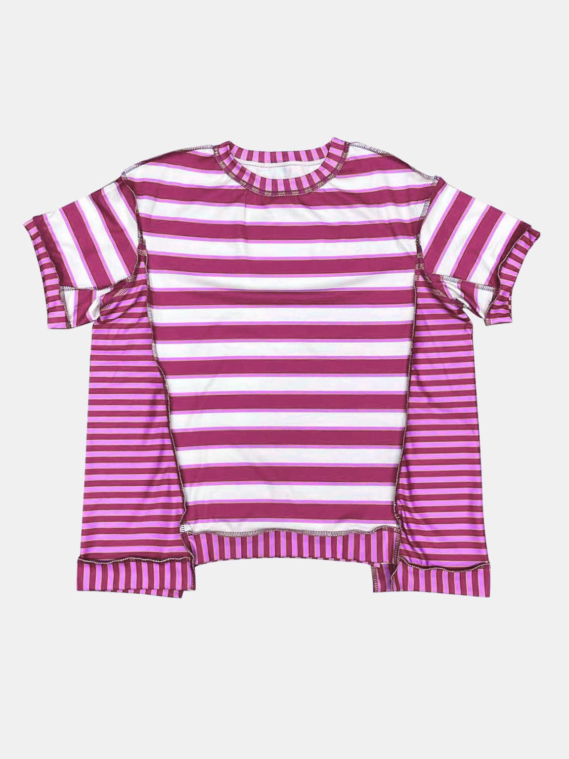 Full Size Contrast Stitching Striped Round Neck T-Shirt.