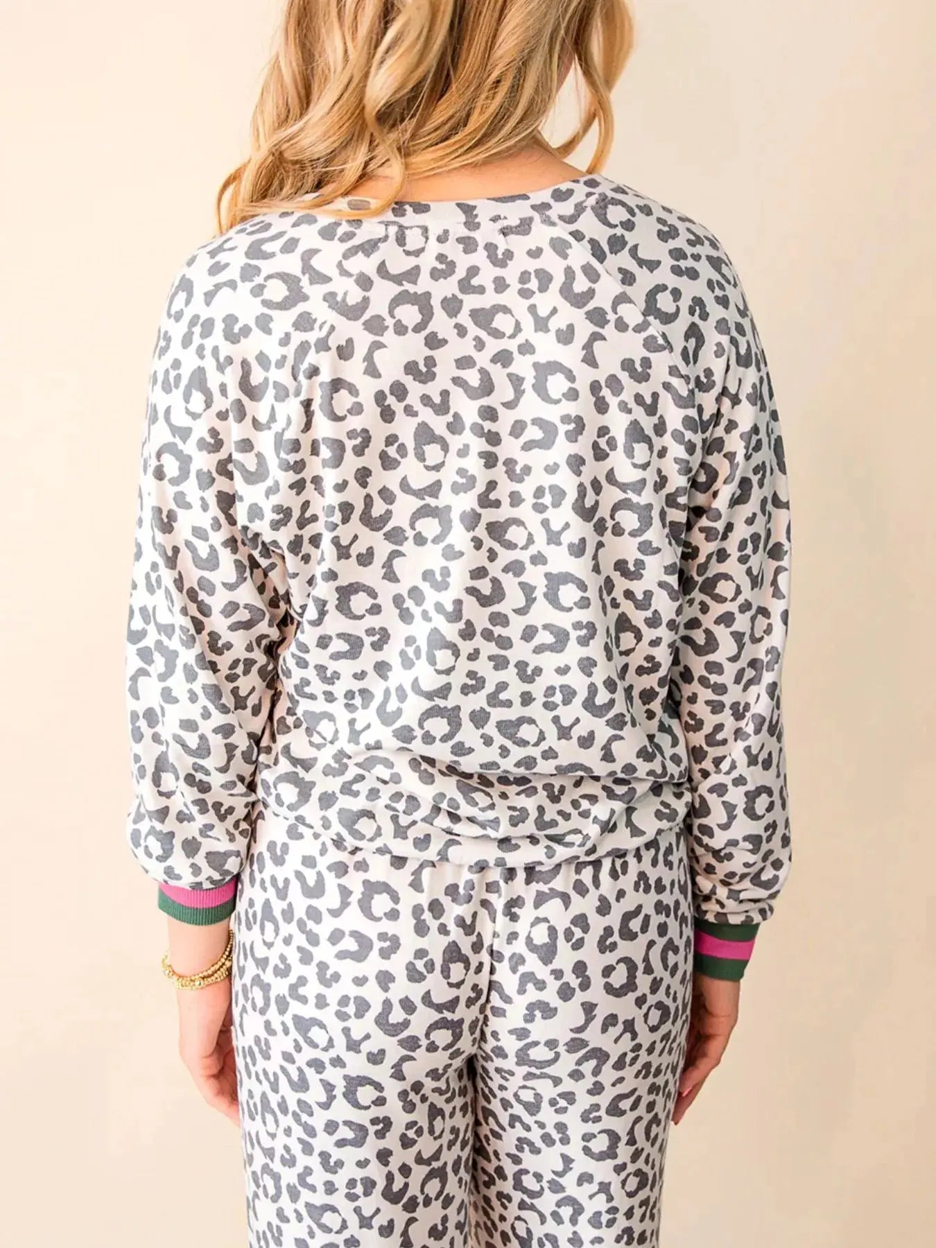 V Neck Leopard Long Sleeve Top Striped Webbing Patchwork Drawstring Pant Set Simply Love