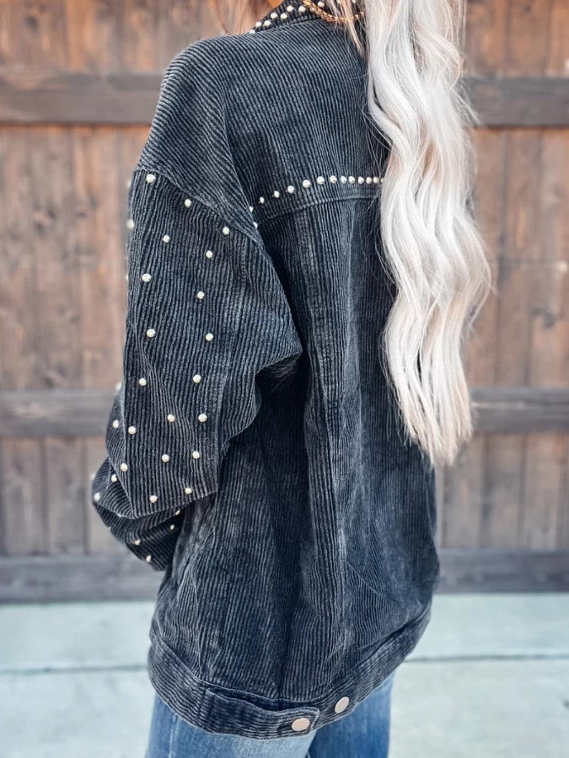 Studded Collared Neck Button Down Jacket.