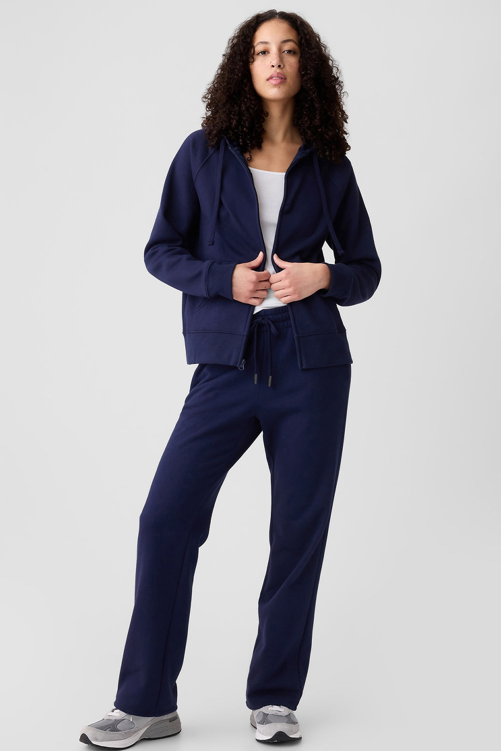 Navy blue drawstring casual straight pants with pockets