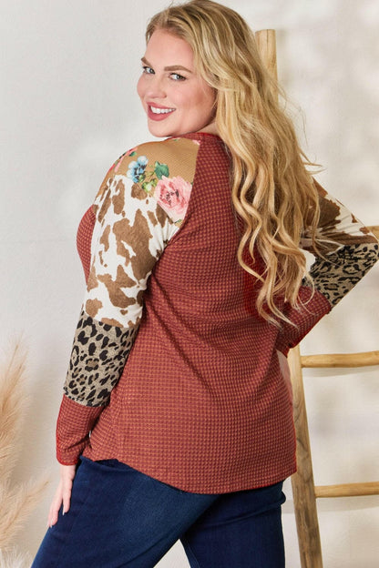 Hailey & Co Full Size Leopard Waffle-Knit Blouse.