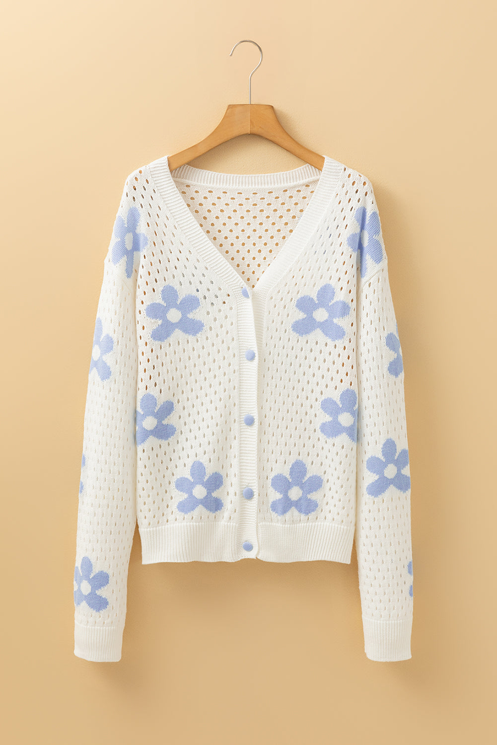 Floral Open Knit Short Cardigan in White