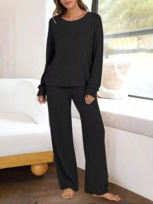 Relaxed Fit Ribbed Knit Top and Pants Set Simply Love