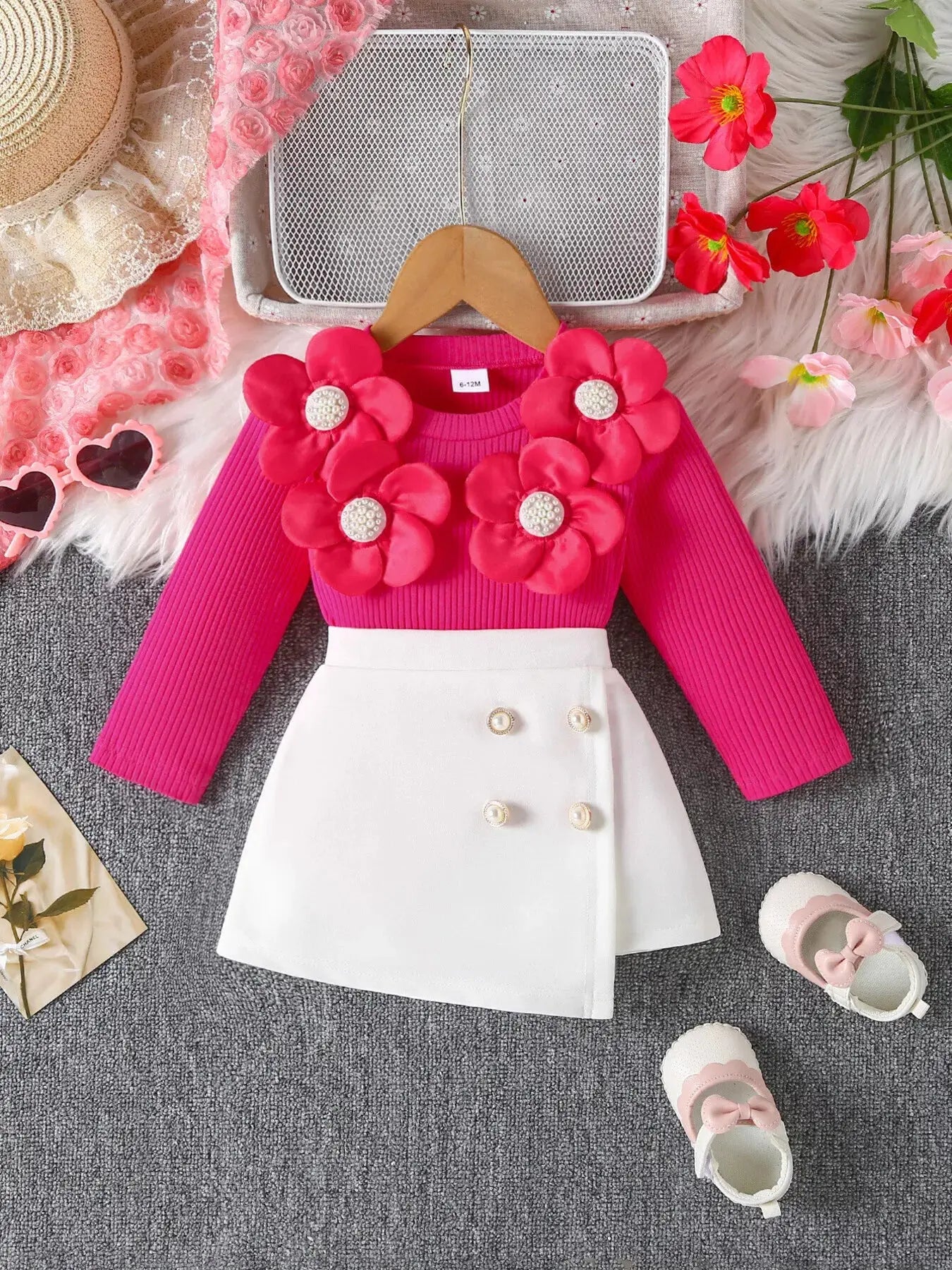 Children's Floral Applique Ribbed Top & Button Decor Skirt Set Simply Love