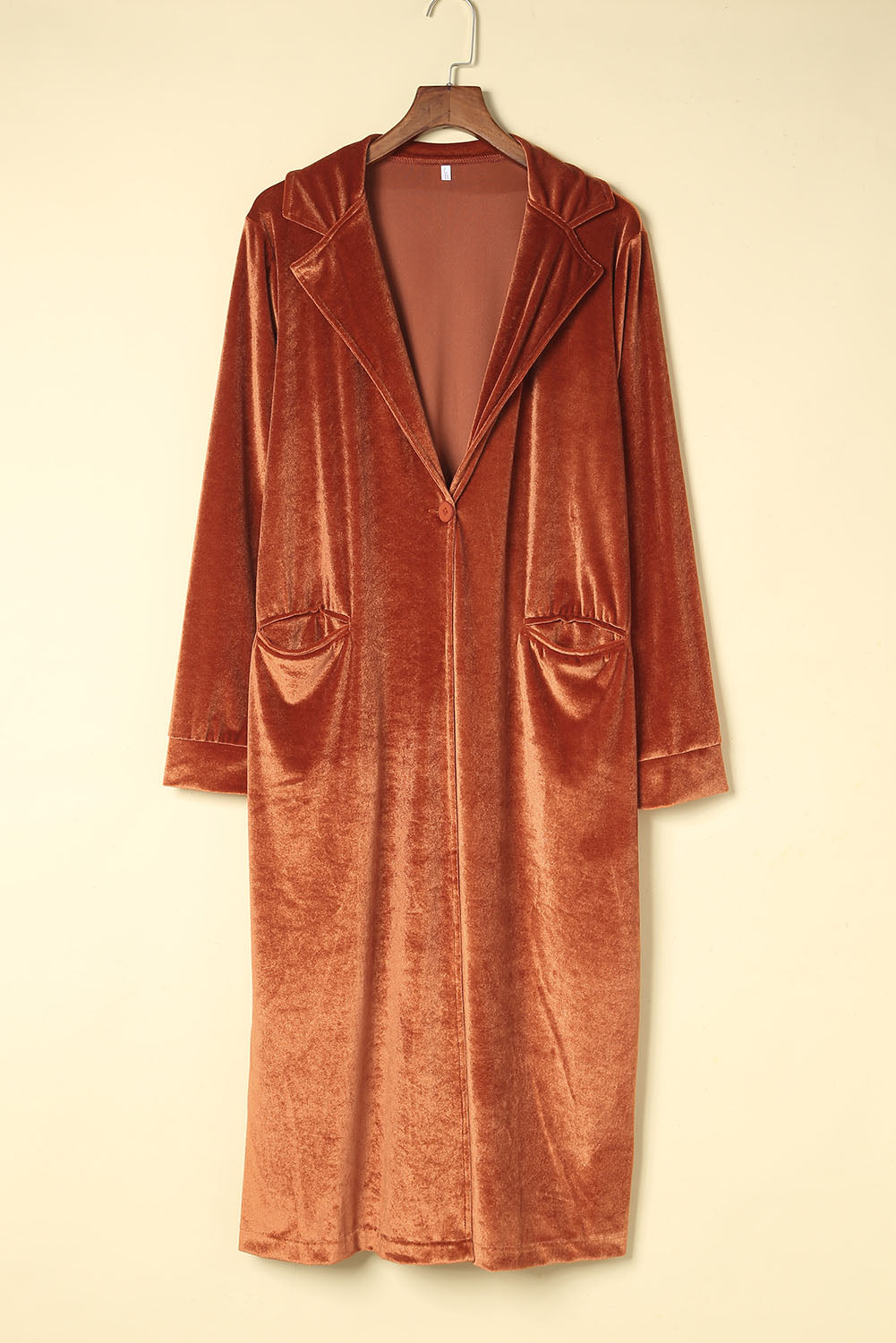 Chic brown velvet long sleeve coat with pockets