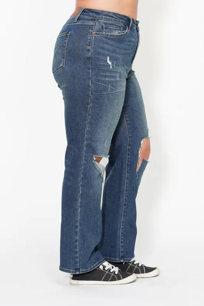 Judy Blue Plus Size High Waisted Ripped Knee Dad Jeans - Love Salve 