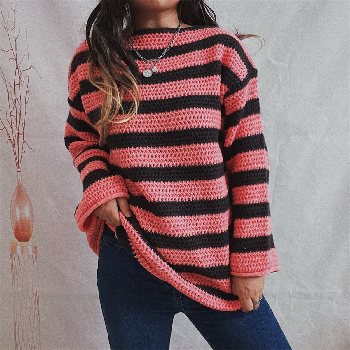 Striped Round Neck Long Sleeve Sweater.