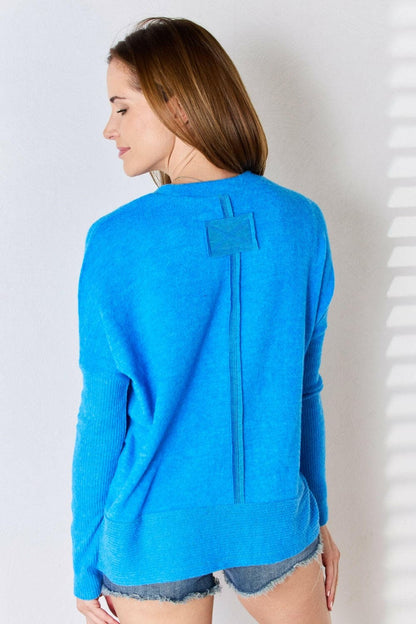 Zenana Ribbed Trim Round Neck Long Sleeve Top.