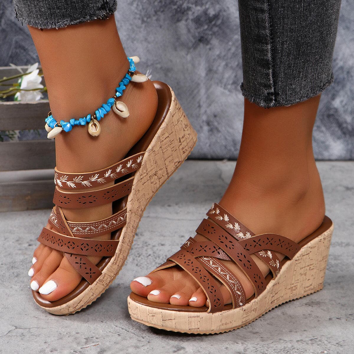 PU Leather Crisscross Wedge Sandals.