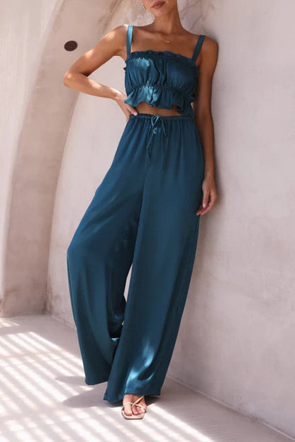 Ruffled Sleeveless Top and Wide Leg Pants Set.