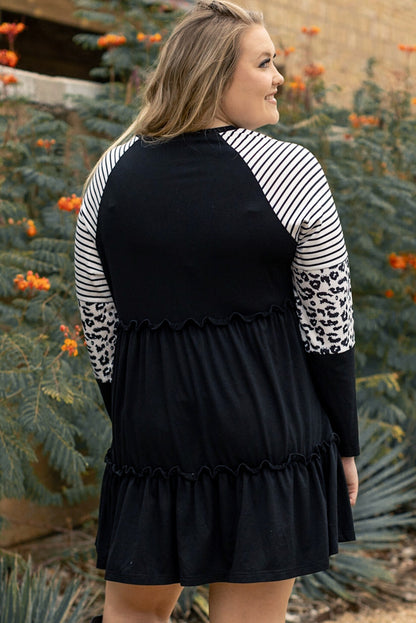 Chic black plus size ruffled dress with leopard and striped sleeves