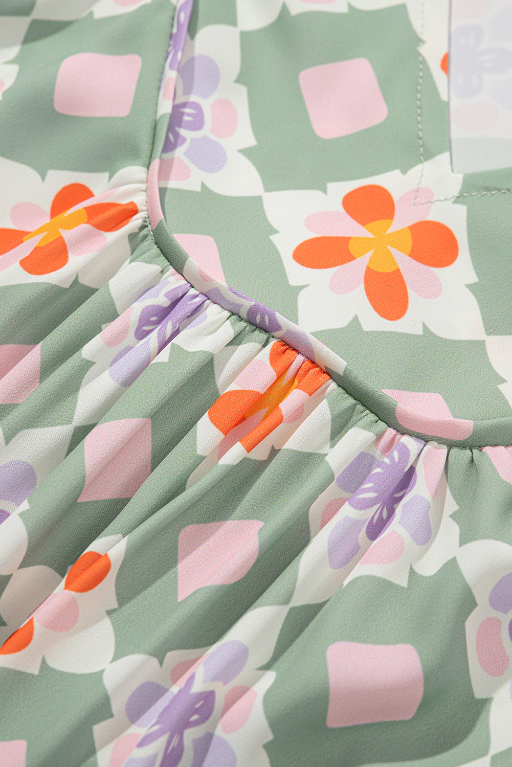 Green Geometric Floral Print 3/4 Sleeve Mini Dress