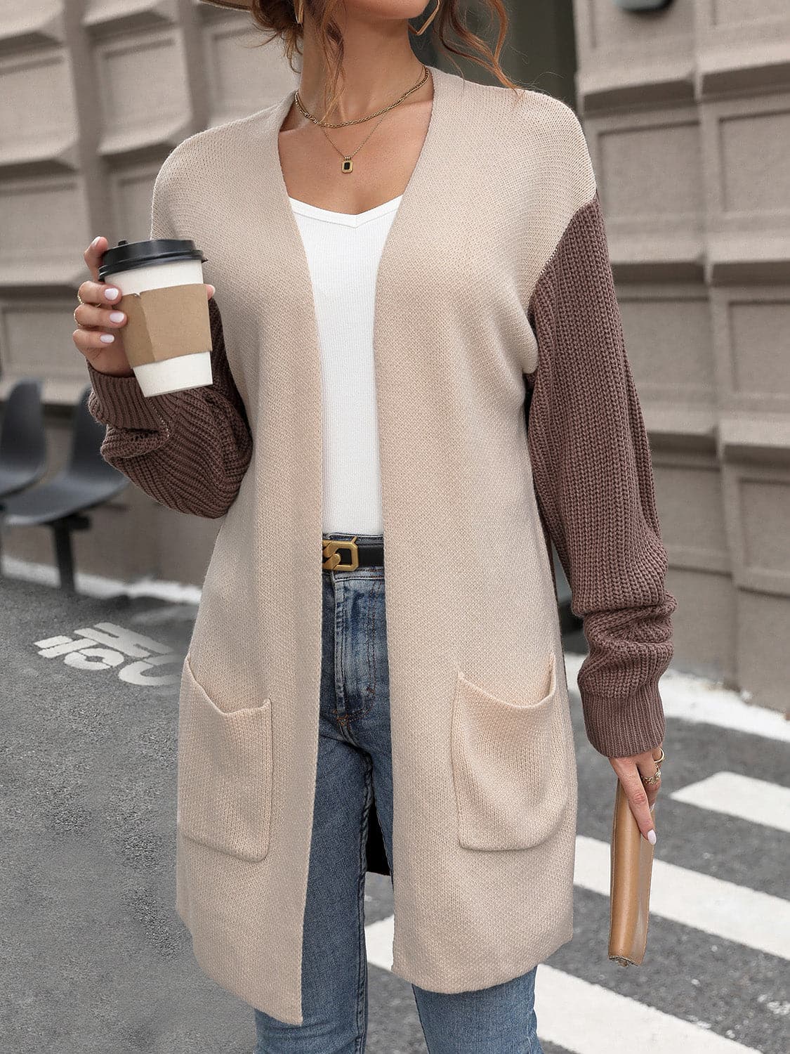 Contrast Open Front Long Sleeve Cardigan.