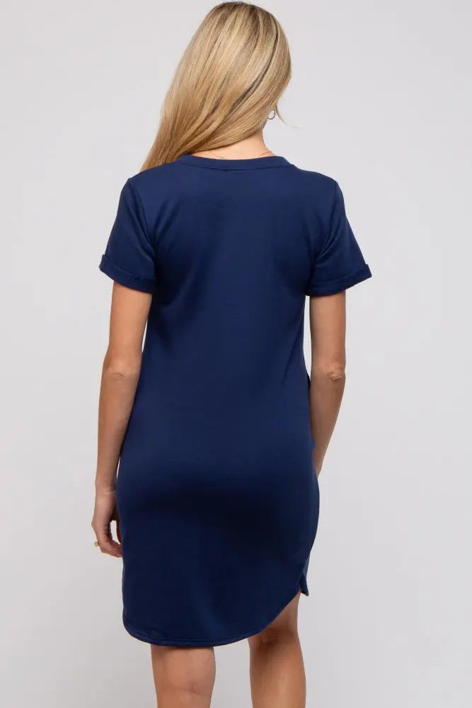 Navy French Terry Cuffed Short Sleeve Maternity Dress PinkBlush