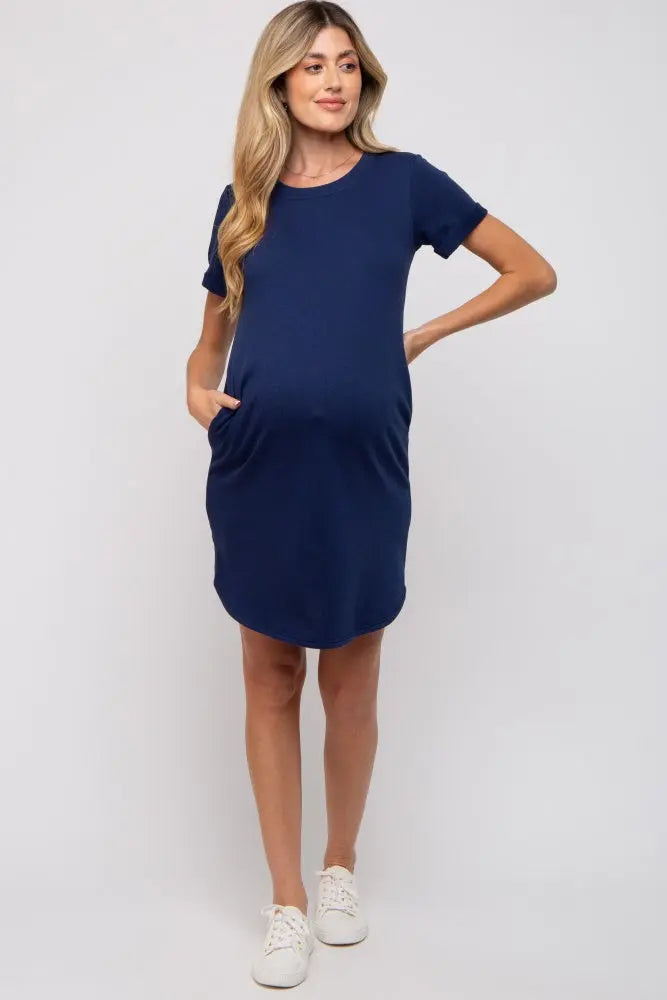 Navy French Terry Cuffed Short Sleeve Maternity Dress PinkBlush
