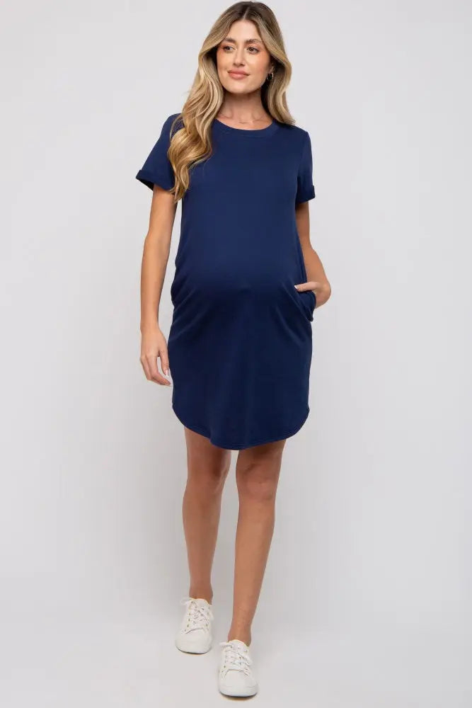 Navy French Terry Cuffed Short Sleeve Maternity Dress PinkBlush