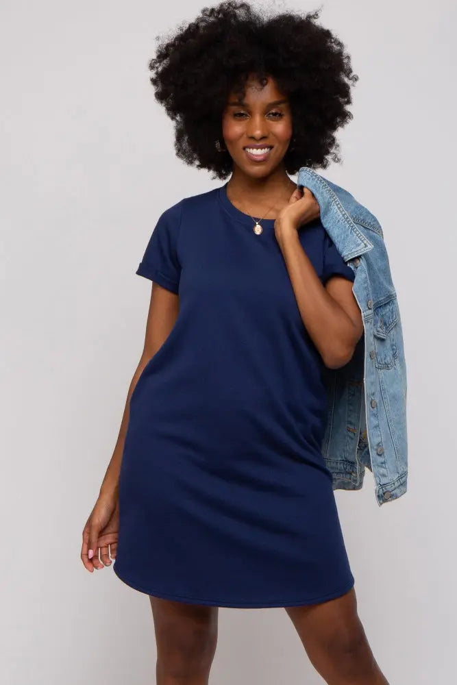 Navy French Terry Cuffed Short Sleeve Maternity Dress PinkBlush