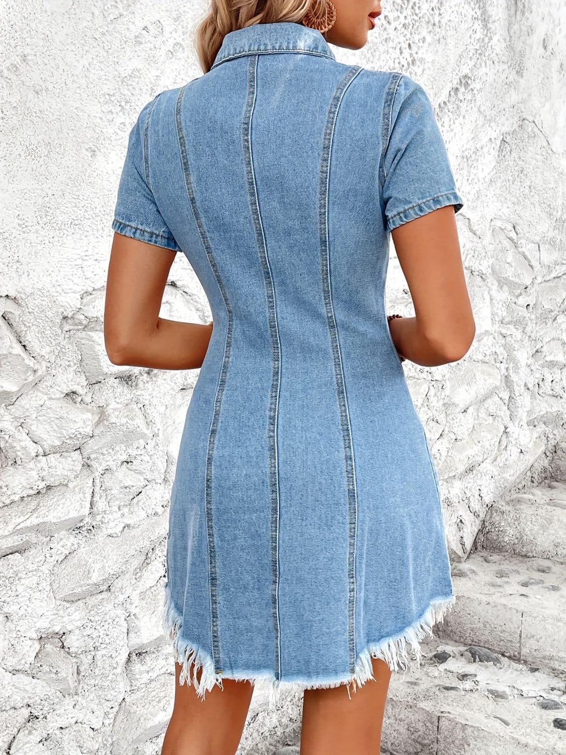 Raw Hem Button Up Short Sleeve Denim Dress.