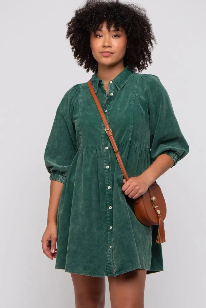 Green Corduroy Button Down Collared Dress PinkBlush