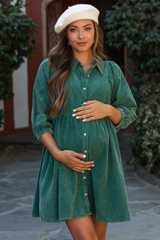 Green Corduroy Button Down Collared Maternity Dress PinkBlush