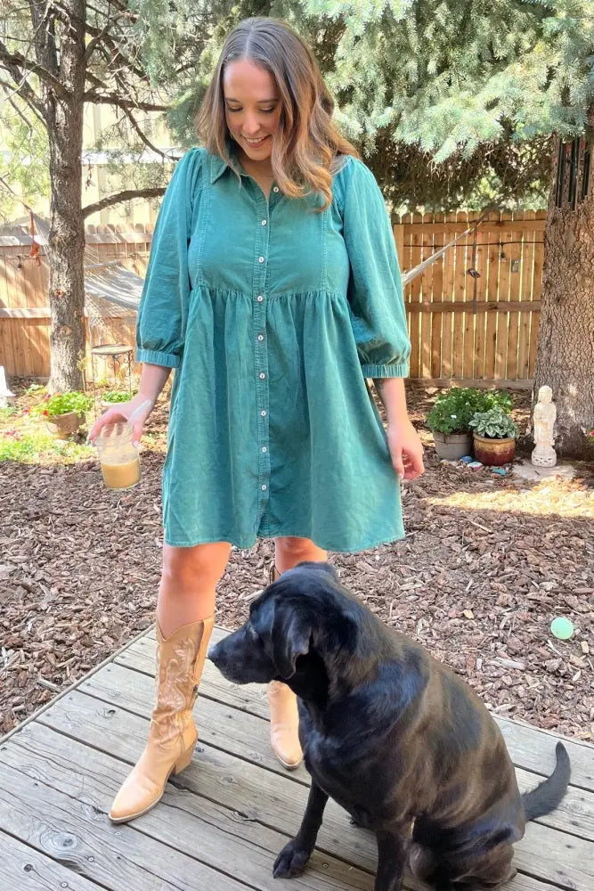 Green Corduroy Button Down Collared Dress PinkBlush