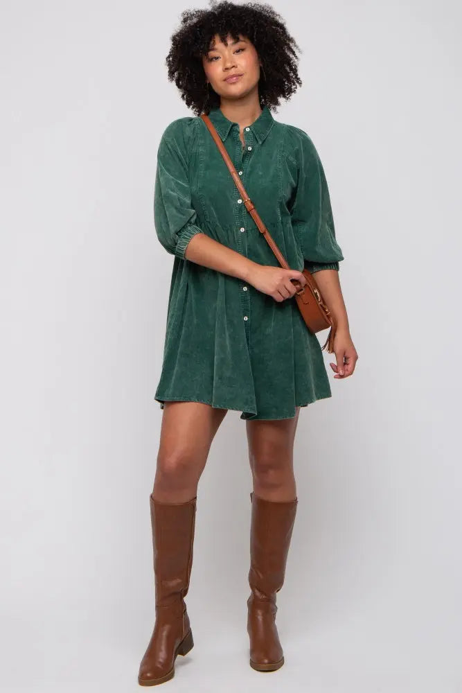 Green Corduroy Button Down Collared Dress PinkBlush