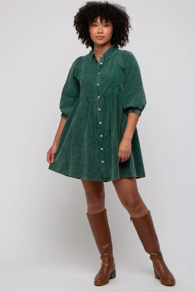 Green Corduroy Button Down Collared Dress PinkBlush