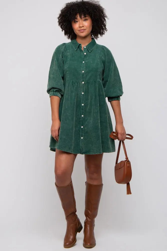 Green Corduroy Button Down Collared Dress PinkBlush