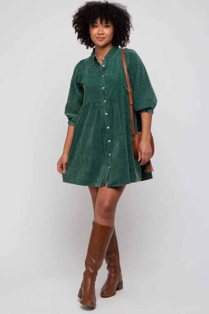 Green Corduroy Button Down Collared Dress PinkBlush