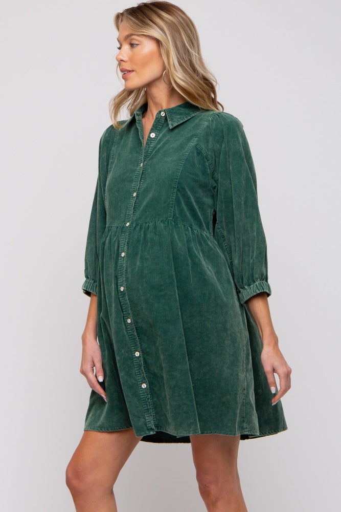 Green Corduroy Button Down Collared Maternity Dress PinkBlush