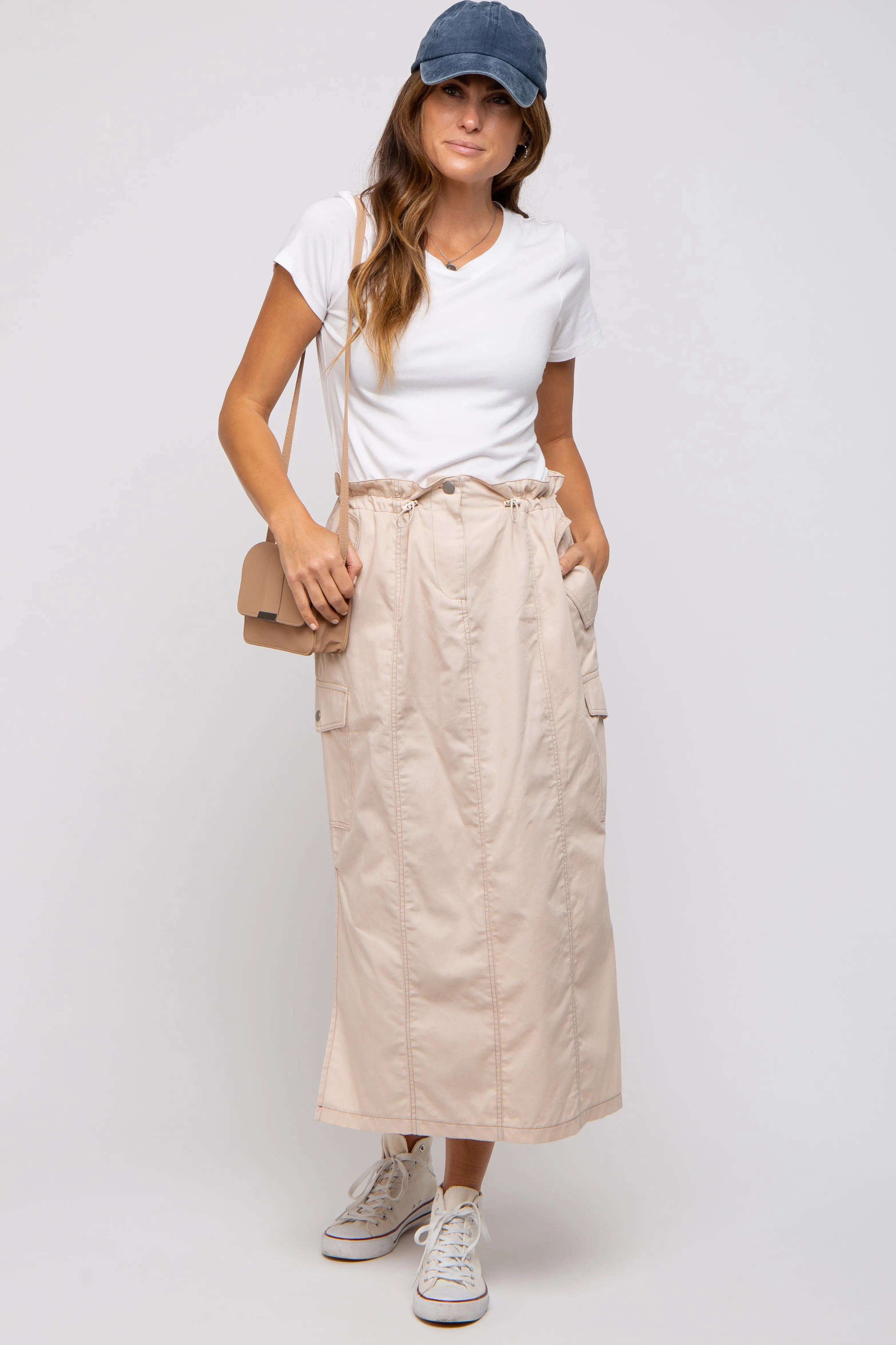 Beige Cargo Cinched Midi Skirt PinkBlush