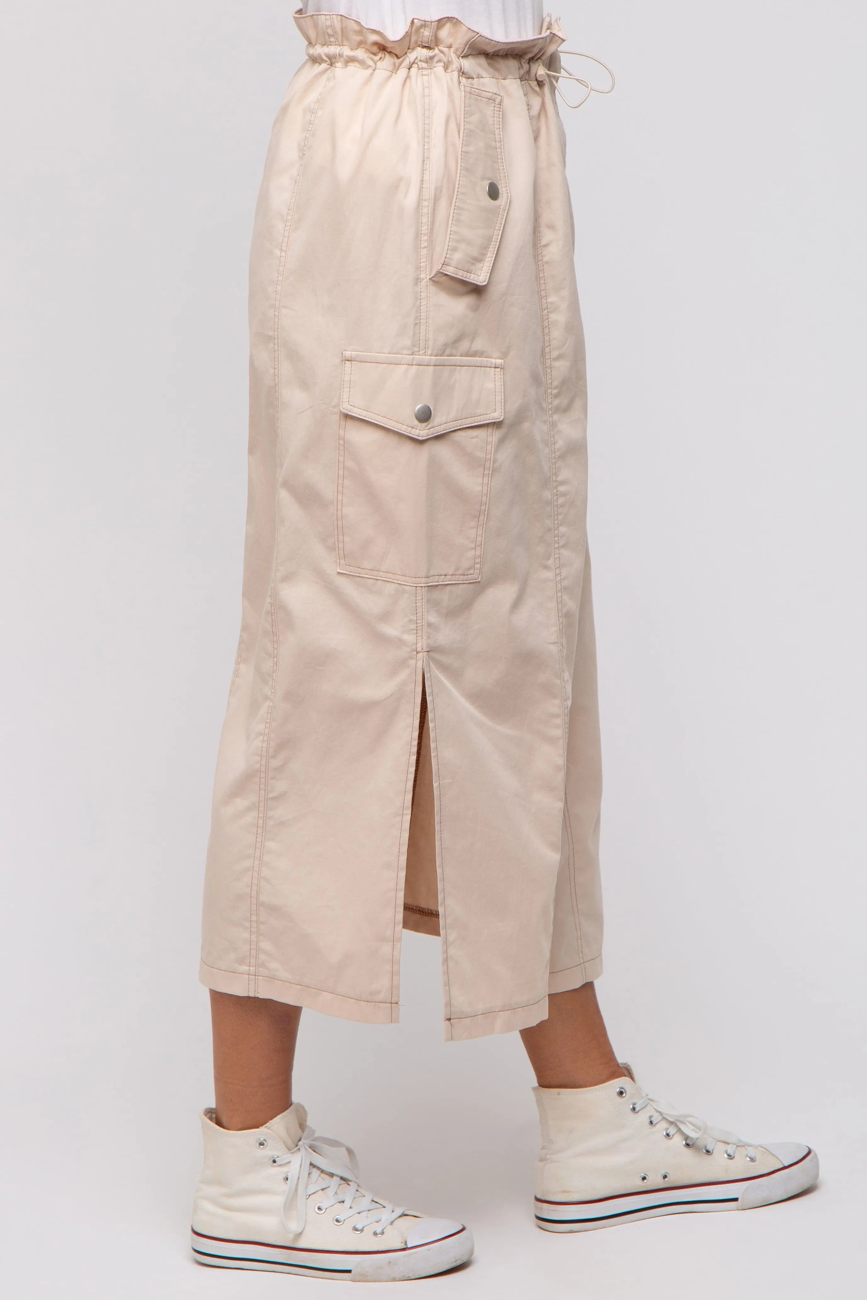 Beige Cargo Cinched Midi Skirt PinkBlush