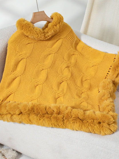 Cozy Cable-Knit Fuzzy Hem Poncho